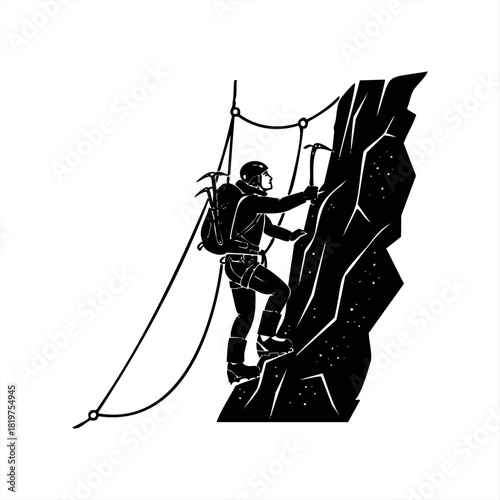 A mountain climber in a black silhouette illustration ascending a sheer cliff with ice axes, a helmet, and a backpack for a dangerous high-altitude expedition