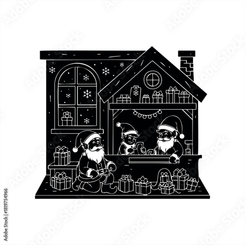 Black and white Christmas illustration of Santa's workshop with elves and helpers busily making toys and wrapping presents in a cozy, festive scene with falling snow