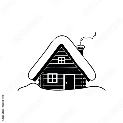 A black and white log cabin illustration with snow on the roof and smoke coming from the chimney, representing a cozy winter home or a holiday retreat in a simple graphic style