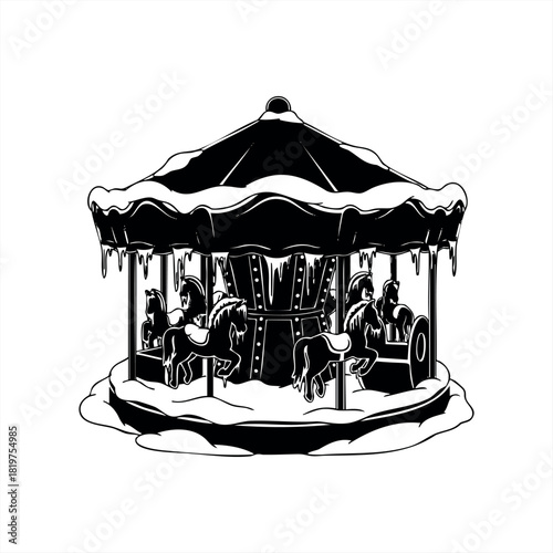 A black and white winter carousel covered in thick snow and icicles features charming horses and a sleigh in a festive, nostalgic graphic illustration style