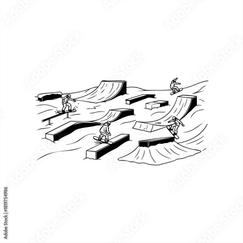 Black and white line art illustration of snowboarders performing tricks in a winter snow park with various ramps, rails, and boxes in a dynamic and minimalist graphic style