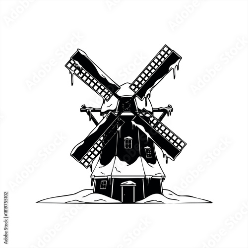 A traditional windmill covered in thick snow is depicted in a bold black and white graphic illustration style, showing a classic agricultural building in a wintry scene