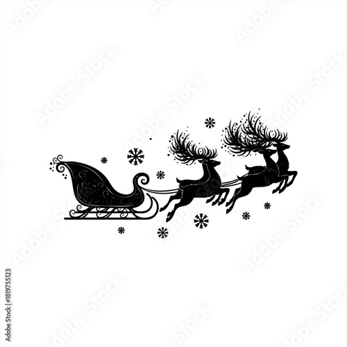 Black silhouette illustration of a sleigh pulled by two reindeer with ornate antlers flying through falling snowflakes in a festive Christmas design