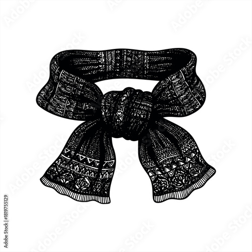 A black and white hand-drawn scarf tied in a stylish knot, featuring intricate ethnic folk patterns and geometric ornaments in a detailed graphic linocut illustration style