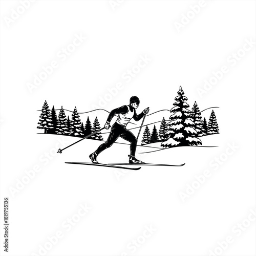 A black and white illustration of a man cross-country skiing through a snowy forest landscape with pine trees, depicted in a bold graphic woodcut style from a side view