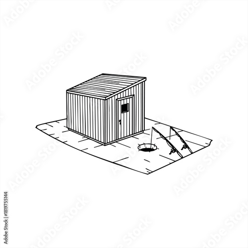 A simple wooden ice fishing shanty sits on a frozen surface with a fishing rod by an ice hole, depicted in a minimalist black and white line art illustration style
