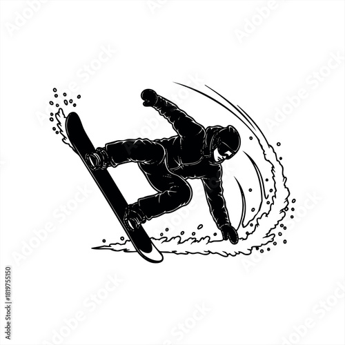A snowboarder in full winter gear carving a dynamic turn, kicking up a spray of snow in a bold black and white graphic illustration style showing extreme sports action