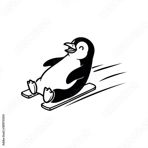 A happy cartoon penguin character sledding down a hill on a toboggan with a joyful expression, depicted in a simple black and white line art vector illustration style
