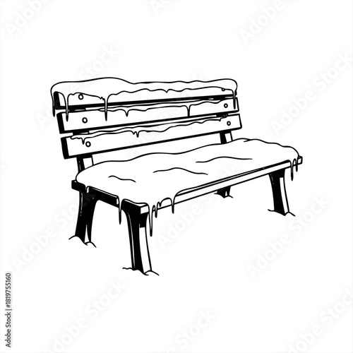 A snow-covered wooden park bench illustration in a simple black and white line art style, showing thick snowdrifts and melting icicles on the seat and backrest