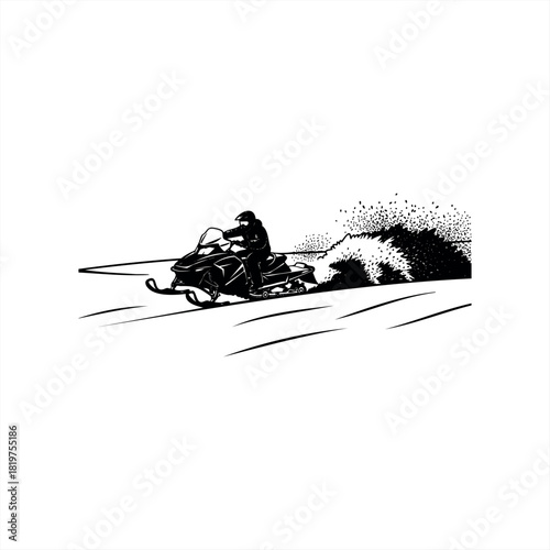 A snowmobile rider in a helmet racing across a snowy surface, a dynamic black and white vector illustration capturing the speed and excitement of this extreme winter sport