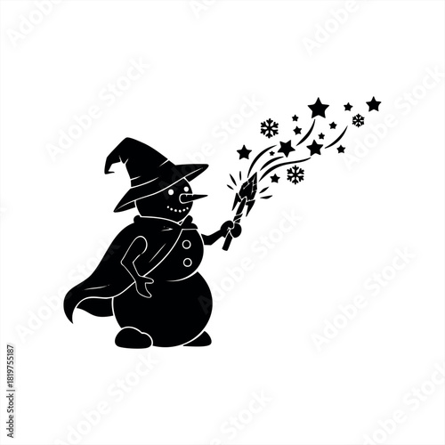 A black silhouette of a snowman wizard wearing a pointy hat and cape casts a magical spell with a wand, creating stars and snowflakes in a whimsical graphic illustration