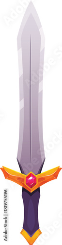 Cartoon sword, vector game iron sharp blade saber with hilt decorated gemstone, ancient warrior medieval knight weapon