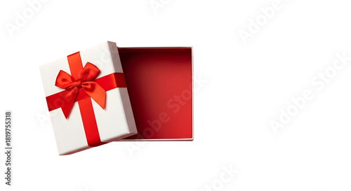 Open gift box with red ribbon isolated on transparent background