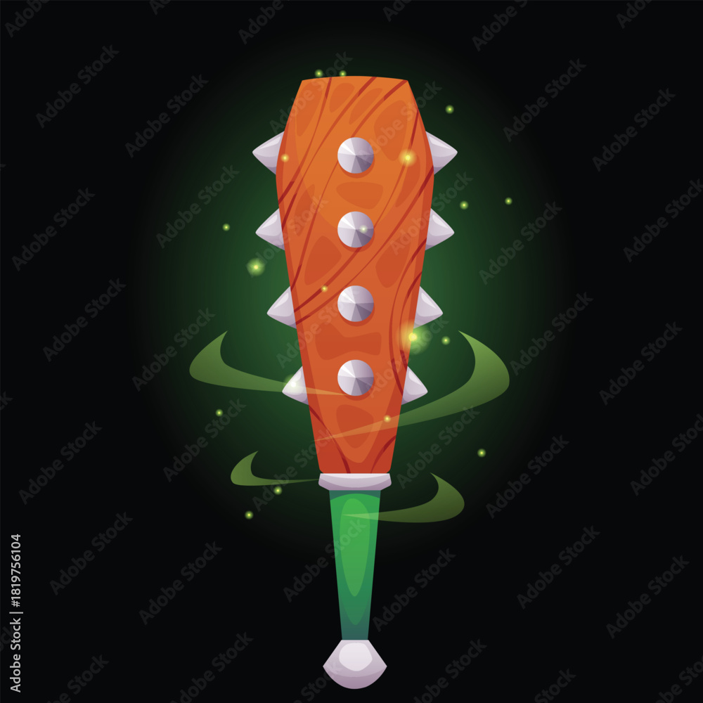 Fototapeta premium Cartoon shiny mace medieval game weapon, vector ancient battle tool, warrior spiked mace, wooden club with iron thorns