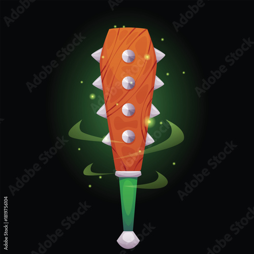 Cartoon shiny mace medieval game weapon, vector ancient battle tool, warrior spiked mace, wooden club with iron thorns