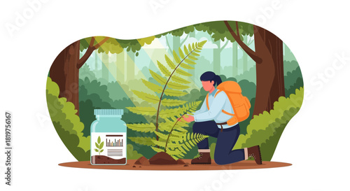 Botanical researcher collecting samples and documenting fern species in nature