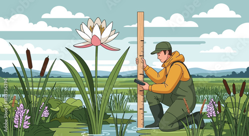 Depicting water level measurement in a wetland ecosystem, by hydrology surveyor