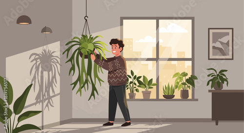 Indoor gardening enhances well-being: A serene scene of plant care and harmony