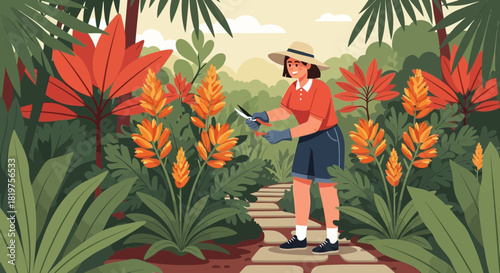 Woman working in a lush garden, pruning flowers amidst vibrant foliage and tranquility