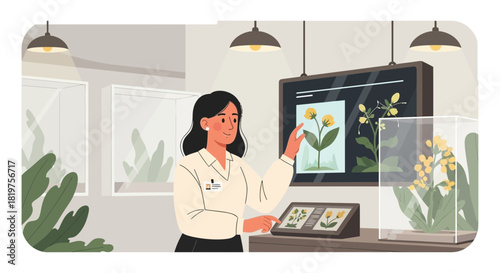 Botanical exhibition, woman presenting at plant biology education center, museum