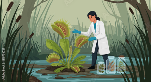 Scientist studying a Venus flytrap in its natural swampy habitat illustration