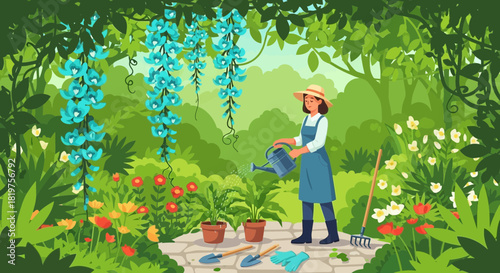 Illustration of a woman watering plants in a flourishing garden setting