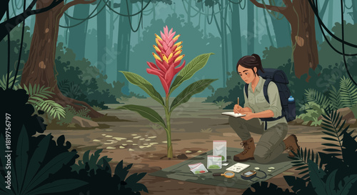 Botanist woman studying a exotic plant in a dense tropical jungle, notes the findings