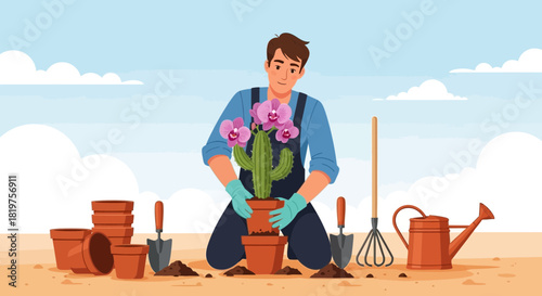Illustration of a gardener replanting a flowering cactus with garden tools