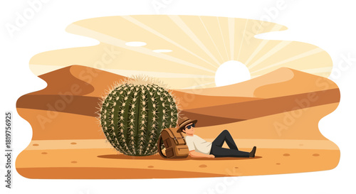 Relaxing illustration of a traveler in the desert under the hot sun near cactus