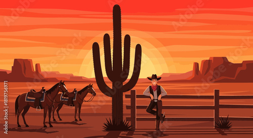 Cowboy's Respite: Tranquil Desert Scene with Horses and Cactus at Sunset