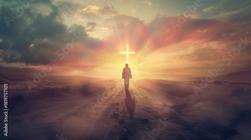 An evocative image of a person walking towards a glowing cross in a picturesque sunset, symbolizing hope and faith on a journey through life amidst stunning natural beauty.