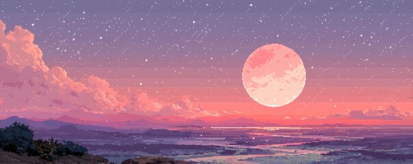 Leinwandbilder Lavendelfarbene Motive Scenic pixel art landscape of a luminous moonrise with a colorful sunset  © Georgii