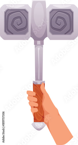 A human hand holding a medieval square hammer with a spiral pattern.