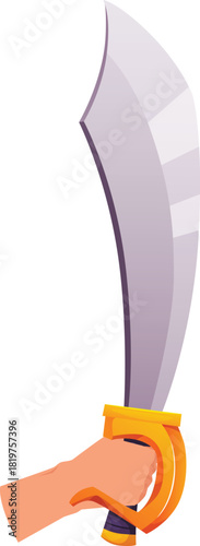 A hand holds a saber with a thick, curved, sharp blade, a medieval weapon.