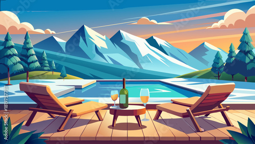 Two lounge chairs basking in the gentle winter sunlight, facing a serene pool with snowy mountains in the distance, a chilled glass of champagne resting beside them