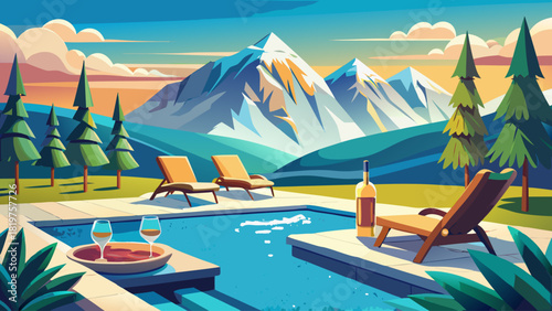 Two lounge chairs basking in the gentle winter sunlight, facing a serene pool with snowy mountains in the distance, a chilled glass of champagne resting beside them