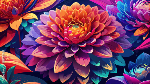 Vibrant floral composition with layered chrysanthemum and dahlia petals in glowing saturated colors, ideal for vivid phone wallpapers