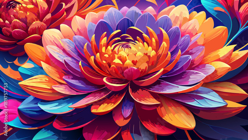 Vibrant floral composition with layered chrysanthemum and dahlia petals in glowing saturated colors, ideal for vivid phone wallpapers