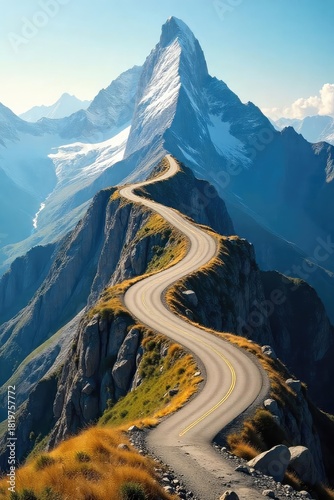 A winding road ascending a mountain, symbolizing the progression and challenges of a career journey towards success and achievement , determination, perseverance