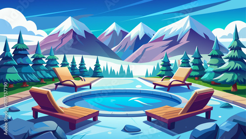 Cozy twin chairs placed beside a shimmering pool, surrounded by fresh snow, overlooking majestic winter mountains, capturing a calm and luxurious holiday mood