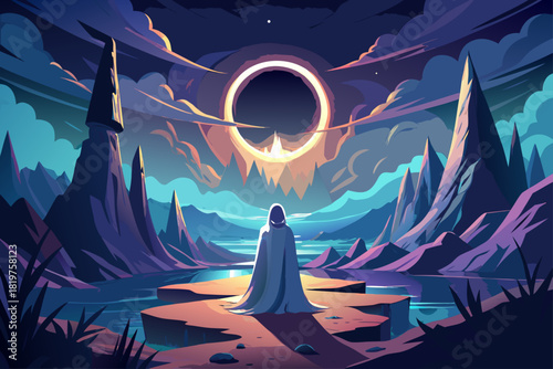 Ghost figure standing in dark valley illuminated by glowing ring, mysterious atmospheric fantasy scene, dramatic lighting, surreal landscape concept and cinematic visual design for creative artwork.