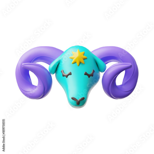 Cartoon 3D Aries zodiac sign, blue ram head with purple horns, yellow star on the forehead.