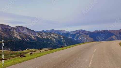 Driving up the Col d'Aubisque, France. Mountain pass in the French Pyrenees massif, symbol of the Tour de France in Bearn, France. Driving from Eaux-Bonnes to Gourette