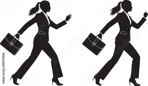 Businesswoman silhouette running with briefcase, symbolizing ambition, career progression, urgency, and professional drive in modern era.