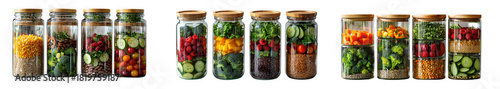 Various glass jars filled with colorful layered salads and meal prep ingredients, healthy food concept isolated on transparent background