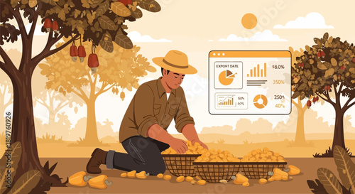 Farmer gathering cashews while monitoring export data using digital interface