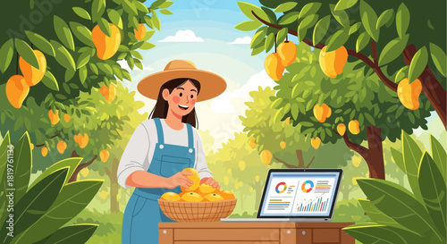 Smart farming: Farmer tracking mango yield data with a laptop in the orchard