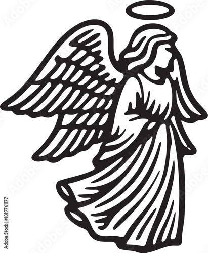 Classic angel with halo in linocut etching style for Christmas themed packaging labels winter greetings and festive decoration