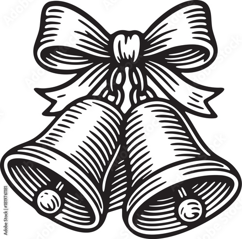 Linocut style Christmas bells with decorative bow for festive winter holiday packaging label artwork and seasonal graphics