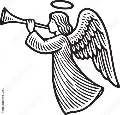Linocut illustration of Christmas angel playing trumpet for xmas cards festive artwork and winter packaging elements